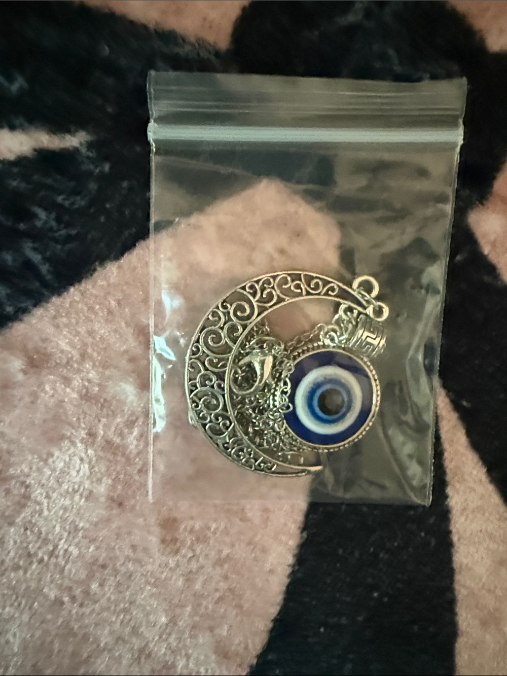 Filigree Crescent Moon Necklace with Blue Evil Eye Pendant